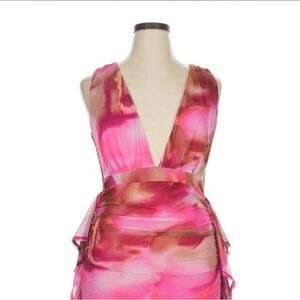 Fashion Nova Pink & Brown Watercolor Plunge Dress